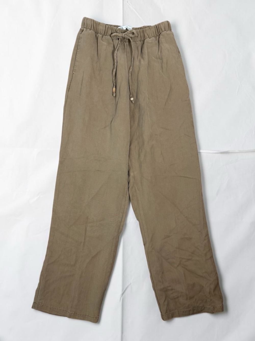 Zara Tan Lyocell Viscose High-Rise Drawstring Pants Size Small